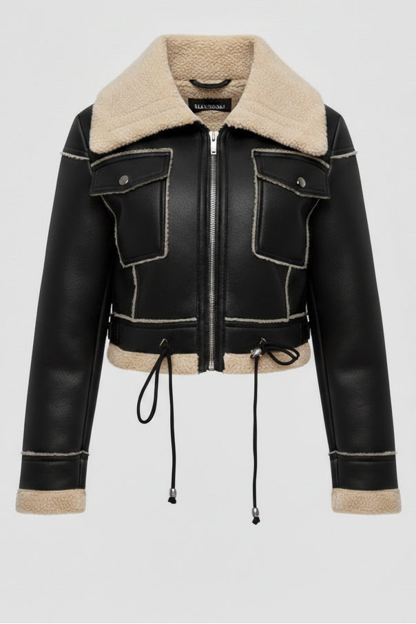 Black leather jacket with beige shearling collar on a light gray background