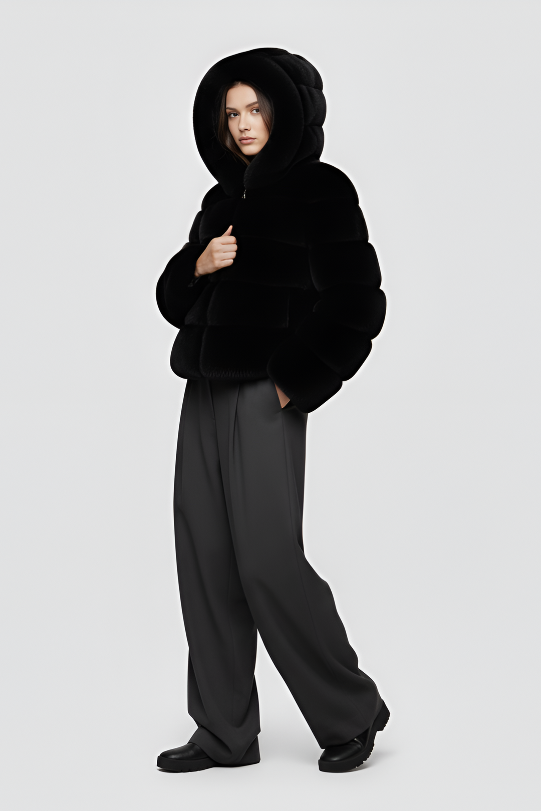 Winter outfit featuring the FERALYN faux fur jacket styled with everyday essentials.