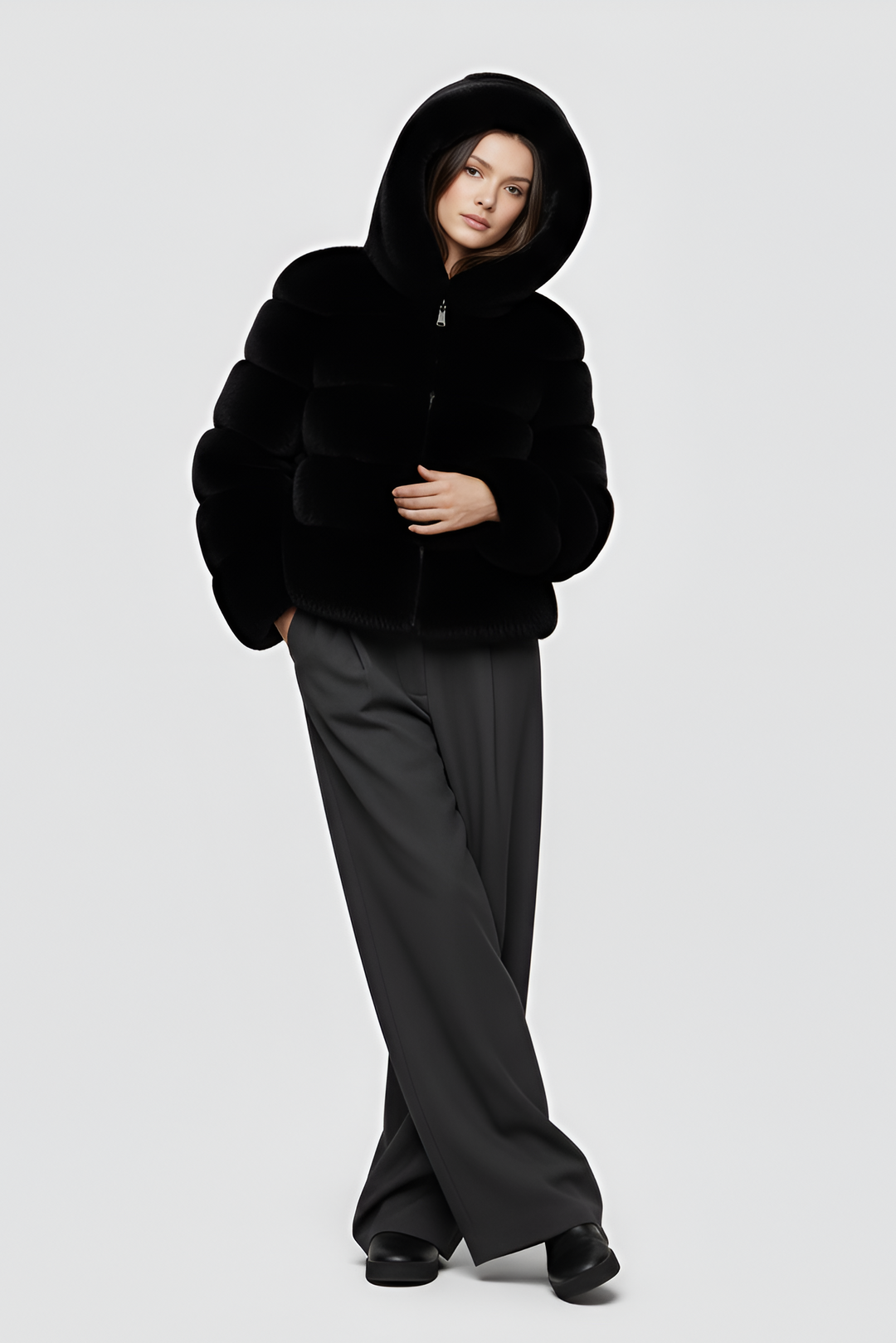 Winter outfit featuring the FERALYN faux fur jacket styled with everyday essentials.