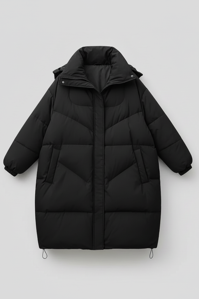 Black puffer jacket on a light gray background