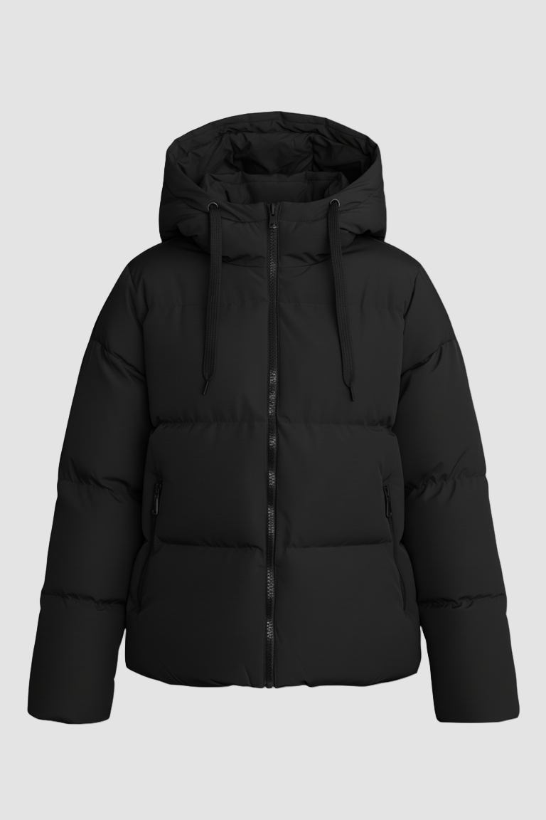 Black puffer jacket on a light gray background