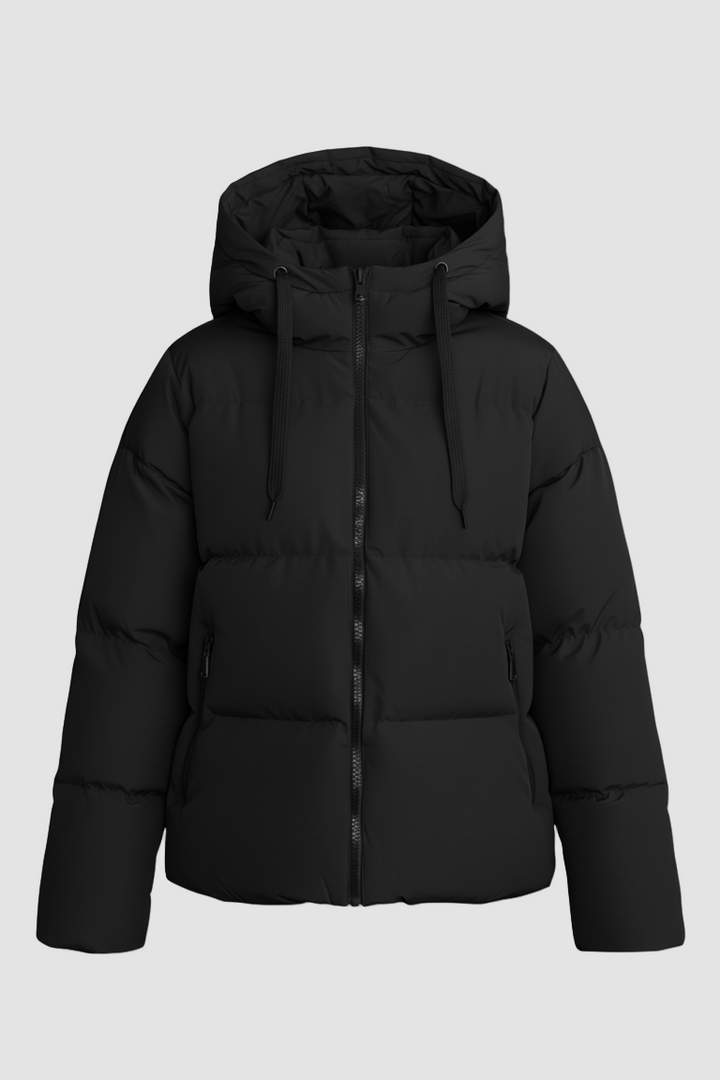 Black puffer jacket on a light gray background