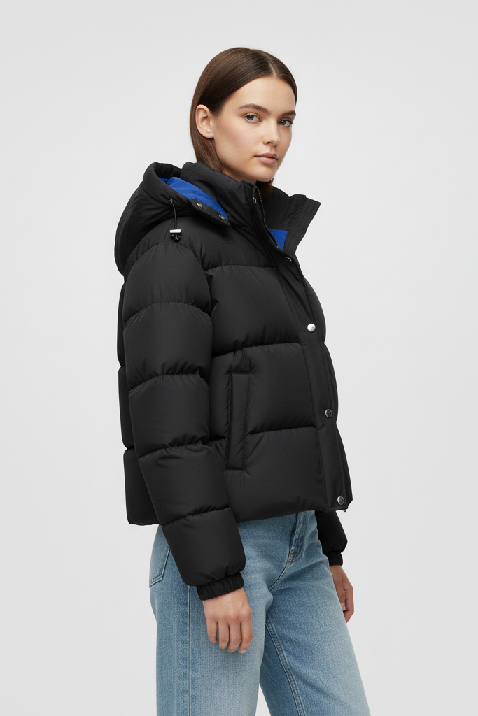 Black puffer jacket with a blue interior on a white background.