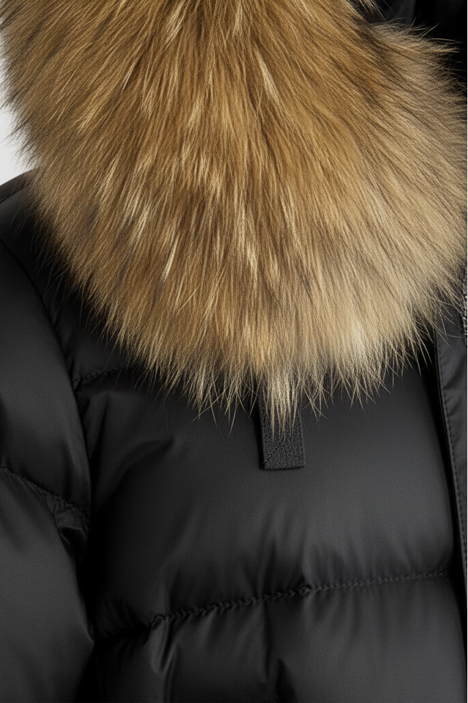 Black puffer jacket with a fur-lined hood on a light gray background