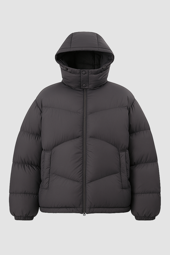 Black puffer jacket with a hood on a white background