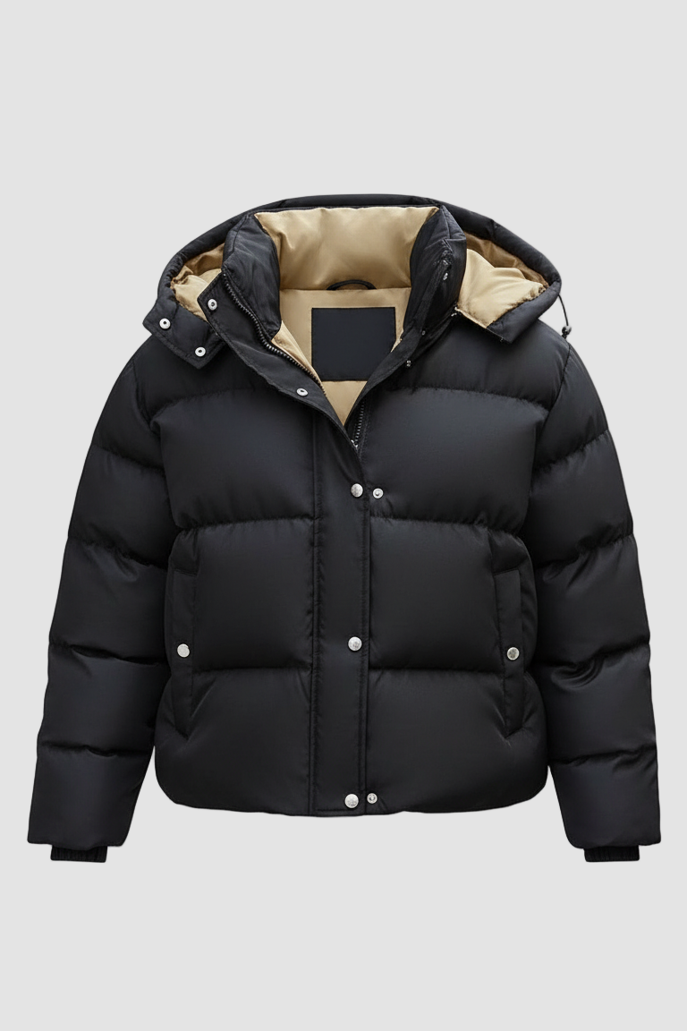 Black puffer jacket with beige interior on a white background