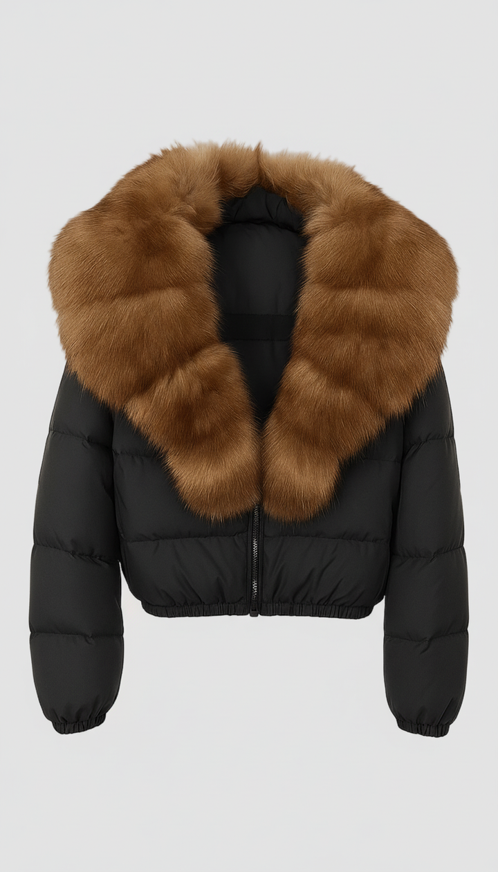 Black puffer jacket with brown fur collar on a light gray background
