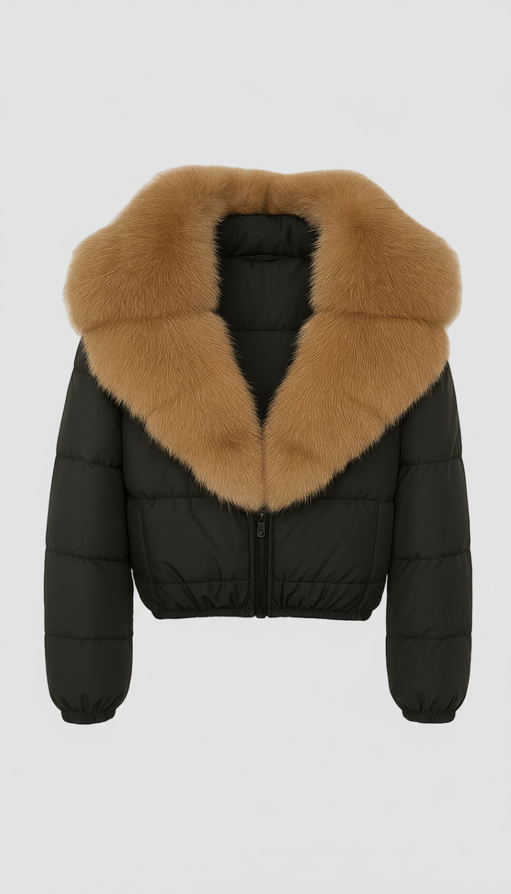 Black puffer jacket with brown fur collar on a white background