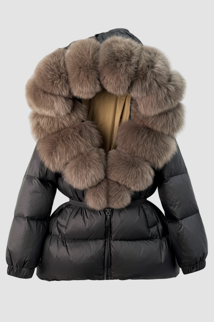 Black puffer jacket with brown fur hood on a white background