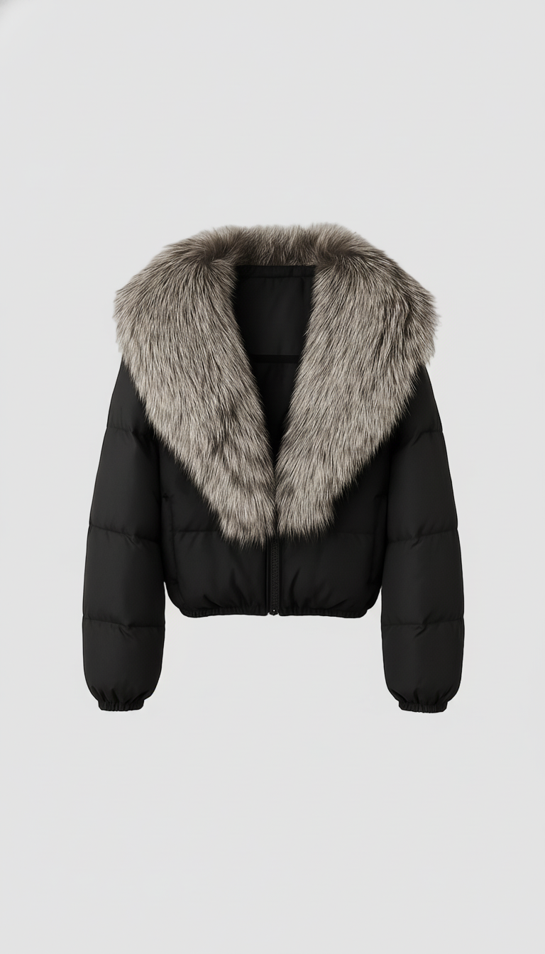 Black puffer jacket with fur collar on a white background