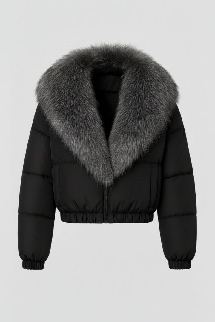 Black puffer jacket with gray fur collar on a light gray background