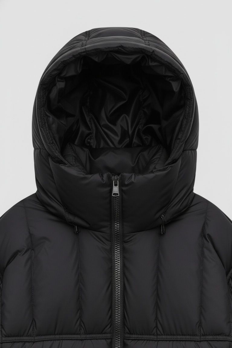 Black puffer jacket with hood on a white background