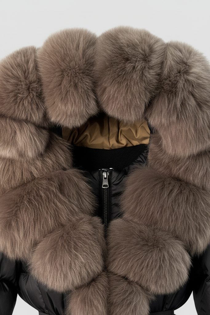 Black puffer jacket with large brown fur collar on a white background