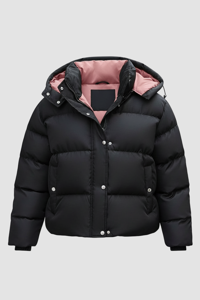 Black puffer jacket with pink interior on a white background