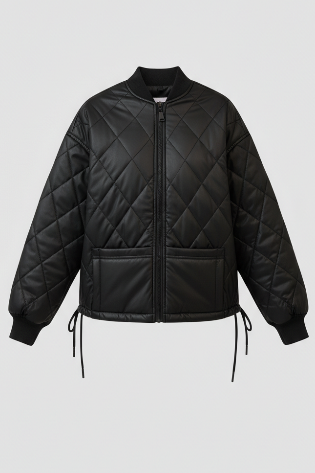 Black quilted jacket on a light gray background