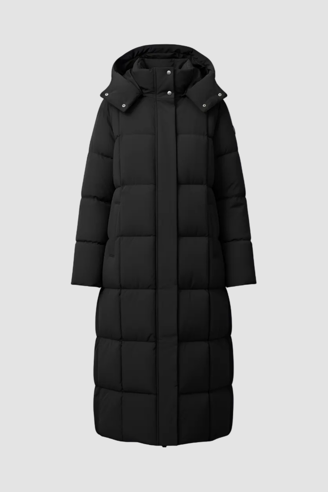 Blacki puffer coat with a hood on a white background