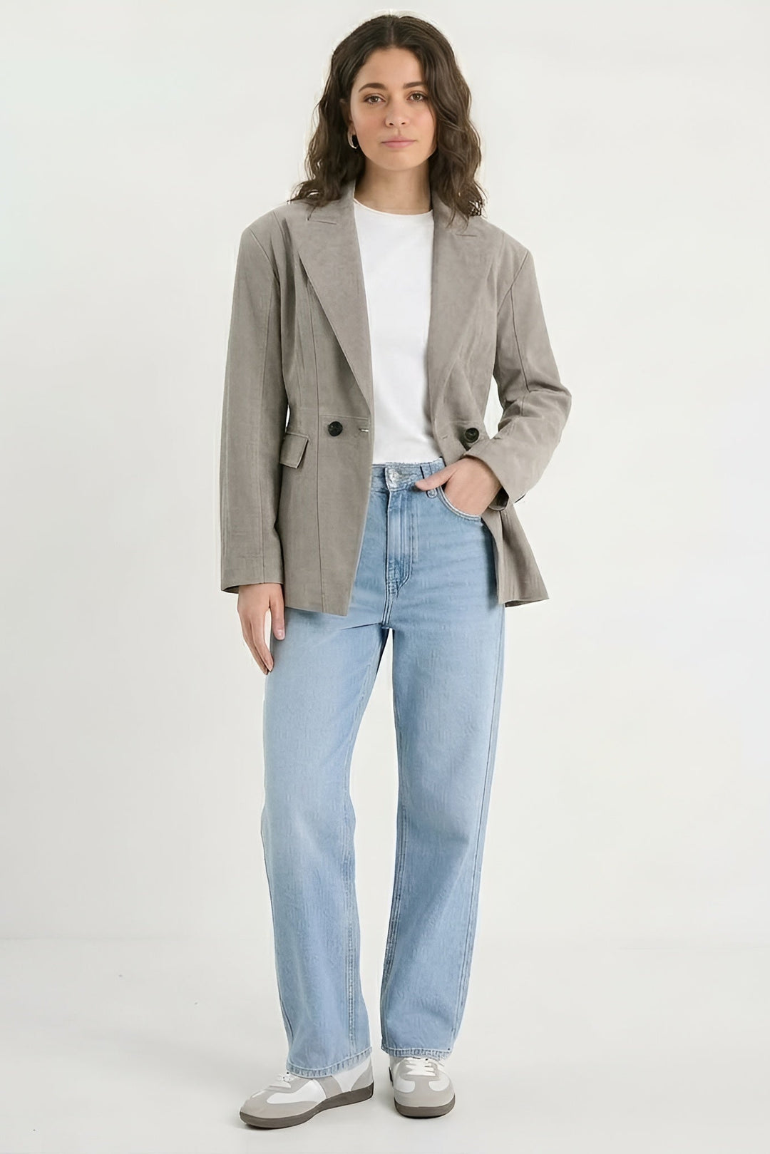 HADLEY - Grey suede blazer, front view, model wearing jeans