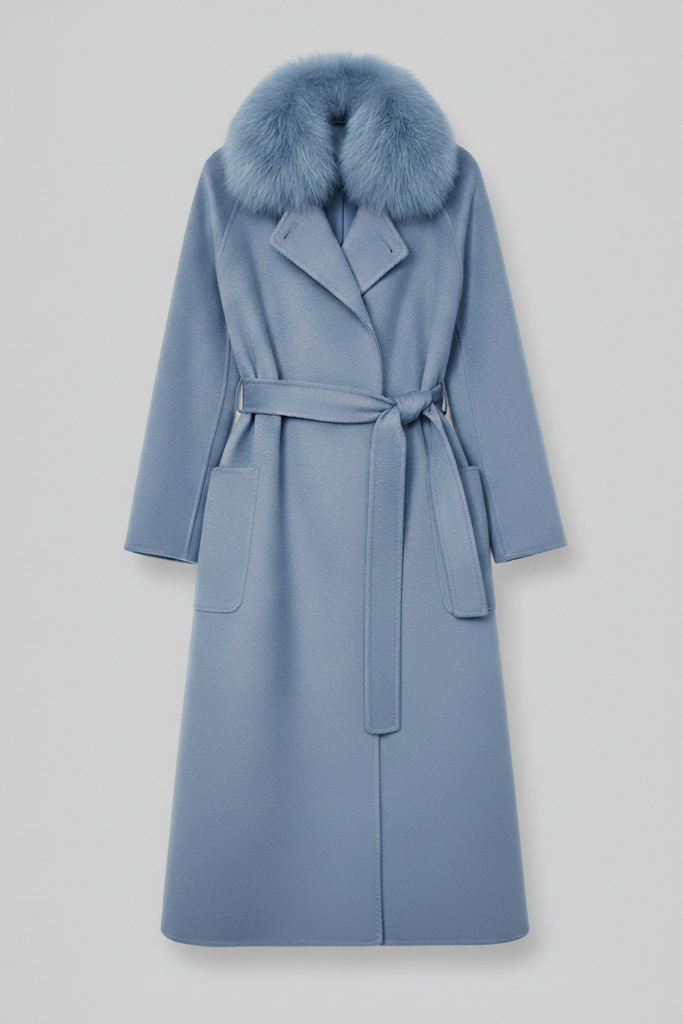 Blue coat with fur collar on a light gray background