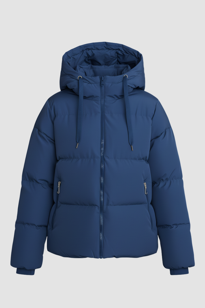 Blue puffer jacket on a light gray background