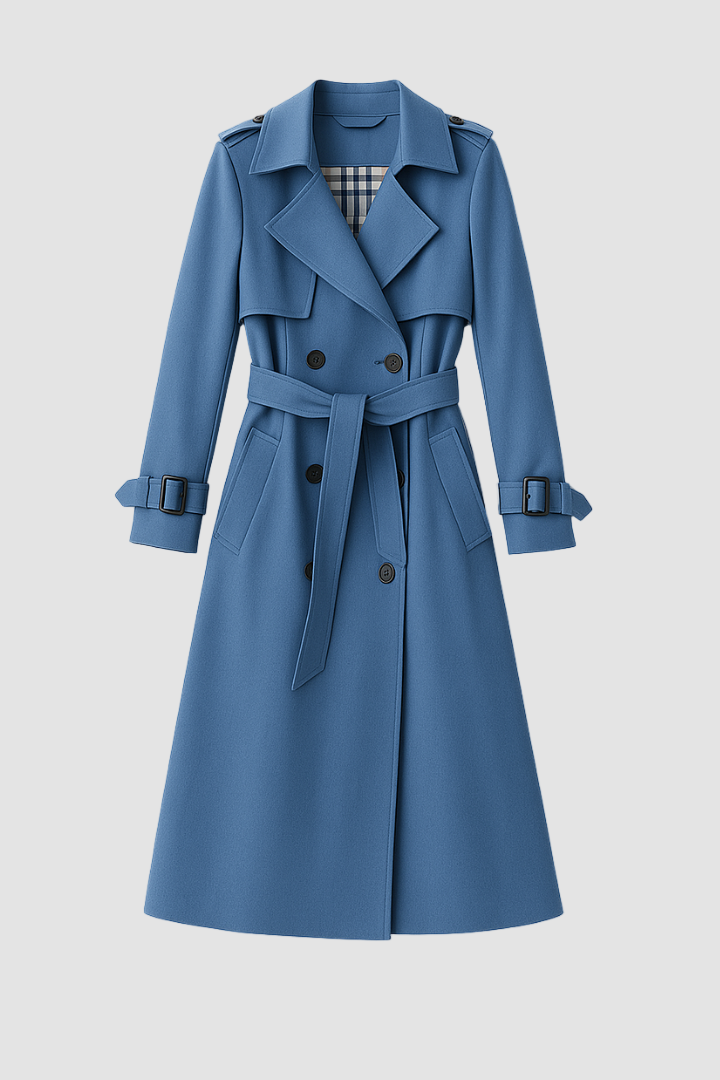 Blue trench coat on a white background