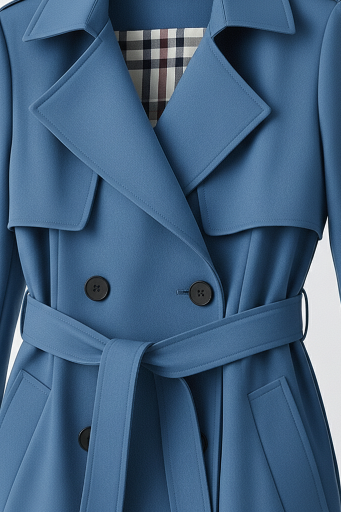 Blue trench coat with a plaid pattern visible underneath on a light gray background