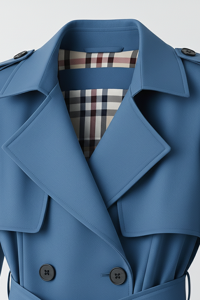 Blue trench coat with plaid interior on a light gray background