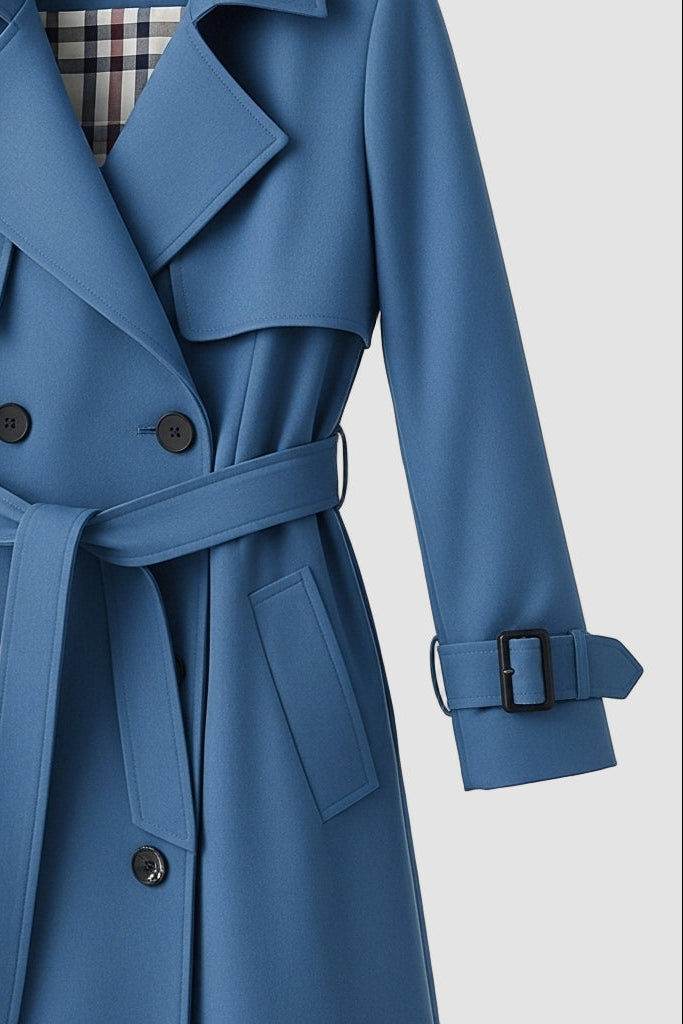 Blue trench coat with plaid lining on a light gray background