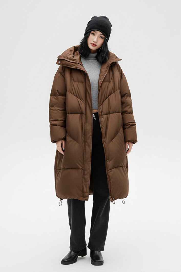 Brown Hooded Down Coat flatlay product image