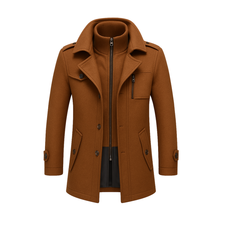 Brown coat with a high collar on a white background