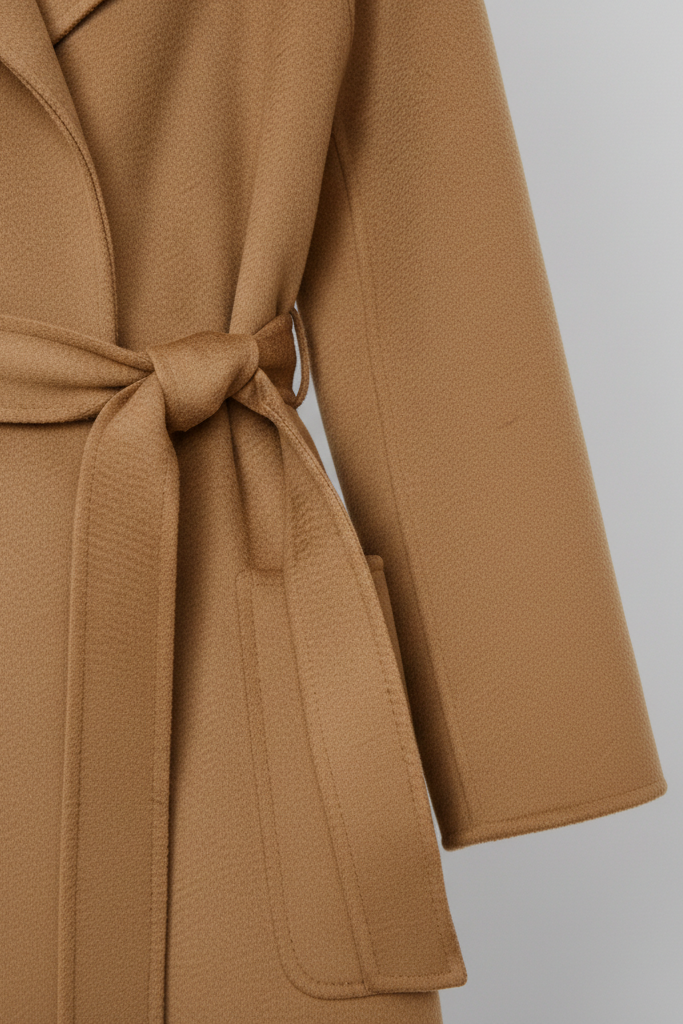 Brown coat with a tie waist on a light gray background