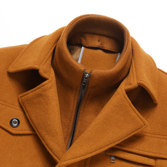 Brown coat with collar and button details on a white background