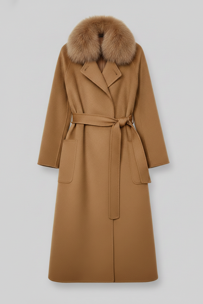 Brown coat with fur collar on a light gray background