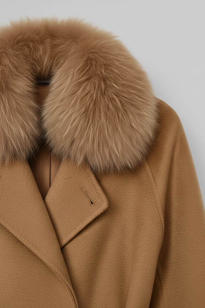 Brown coat with fur collar on a light gray background