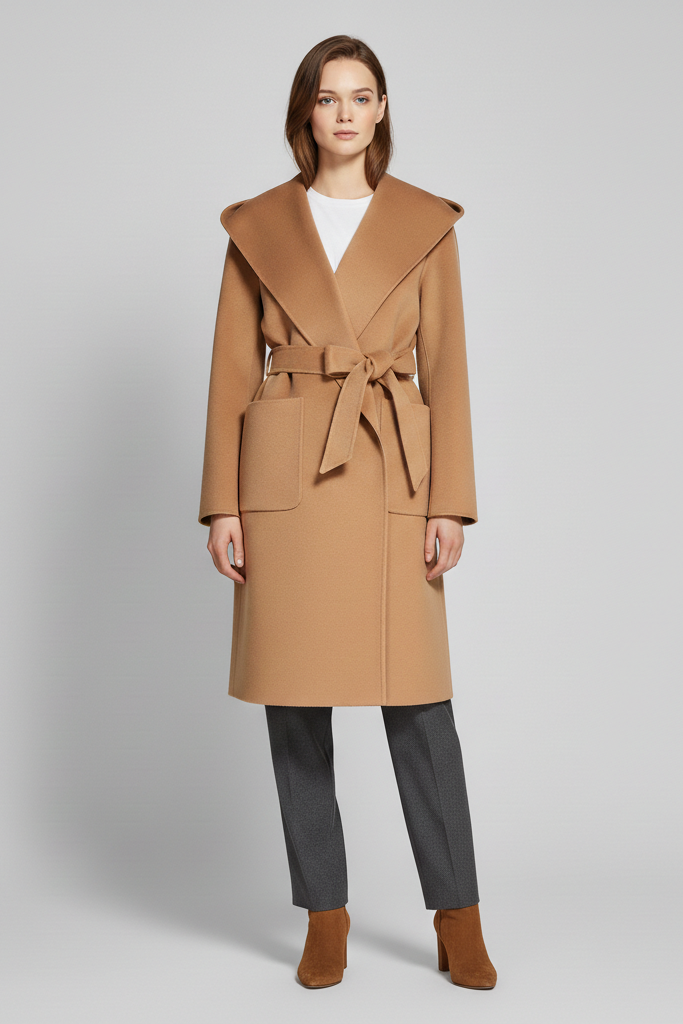 Woman wearing a brown coat on a gray background