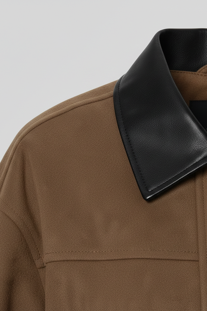 Brown jacket with black leather collar on a light gray background