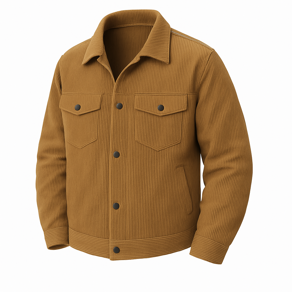 Brown jacket with button details on a white background