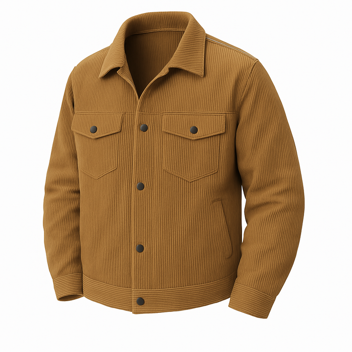 Brown jacket with button details on a white background