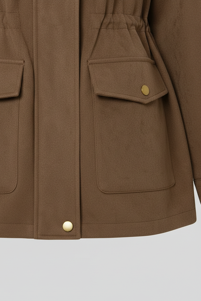 Brown jacket with two front pockets and gold buttons on a light gray background