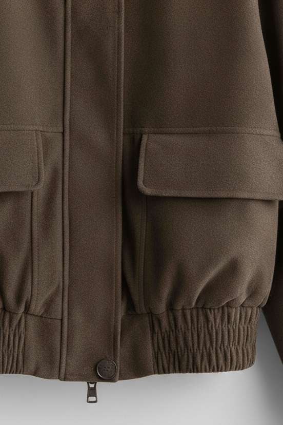 Brown jacket with two front pockets on a white background