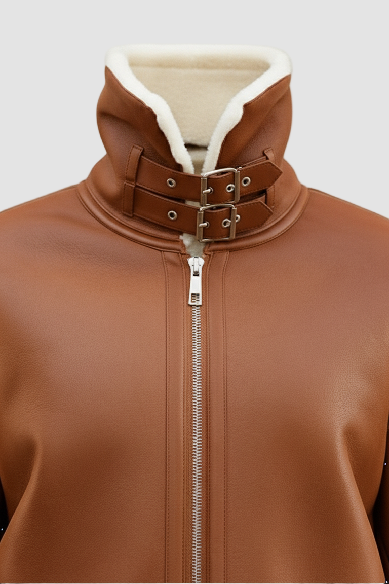 Brown leather jacket with a fur-lined hood on a white background