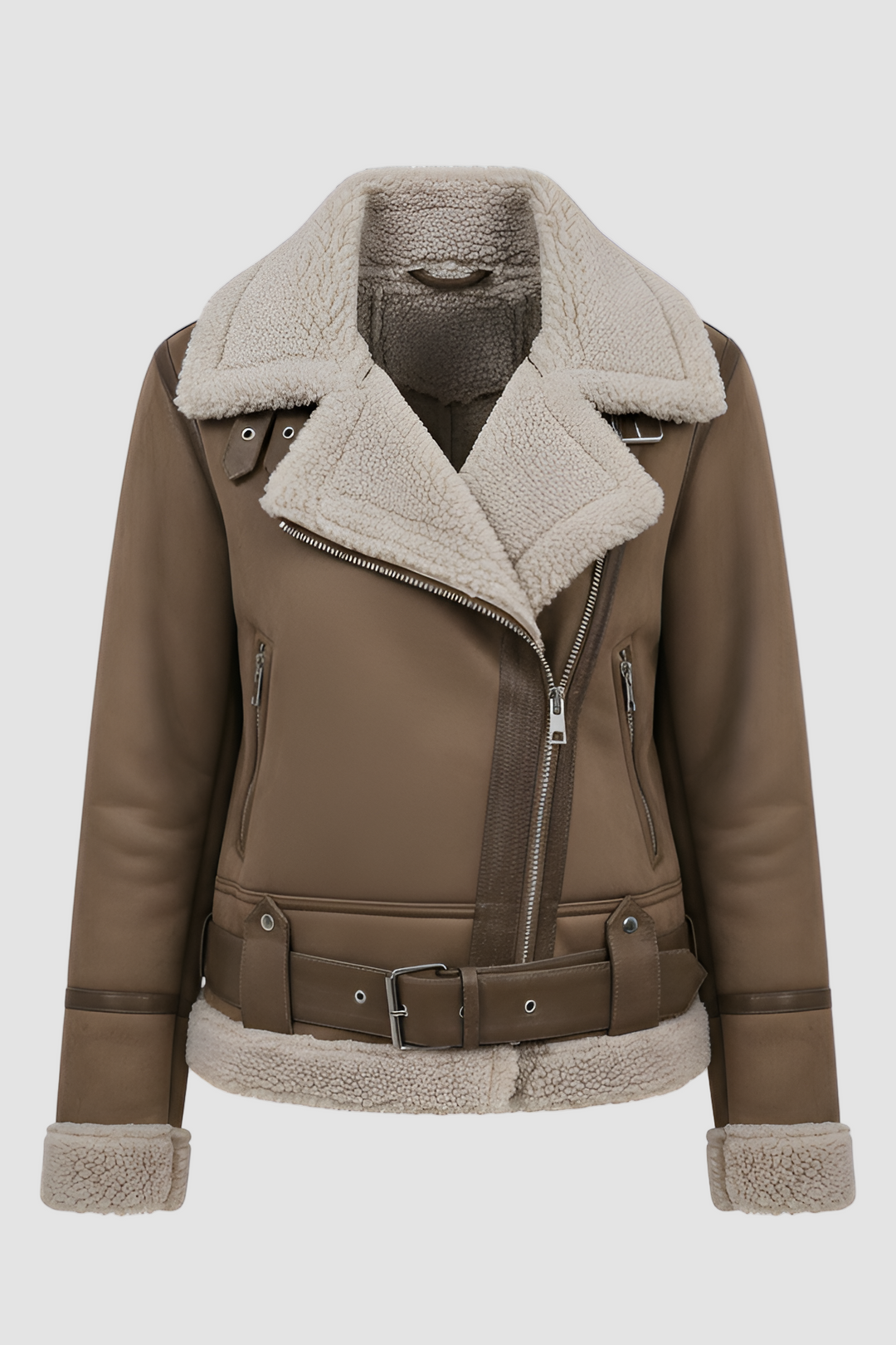 Brown leather jacket with shearling collar and cuffs on a white background