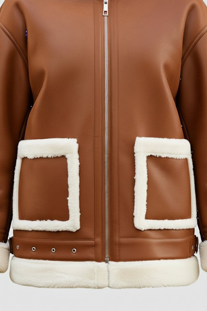 Brown leather jacket with white fur lining on a light gray background
