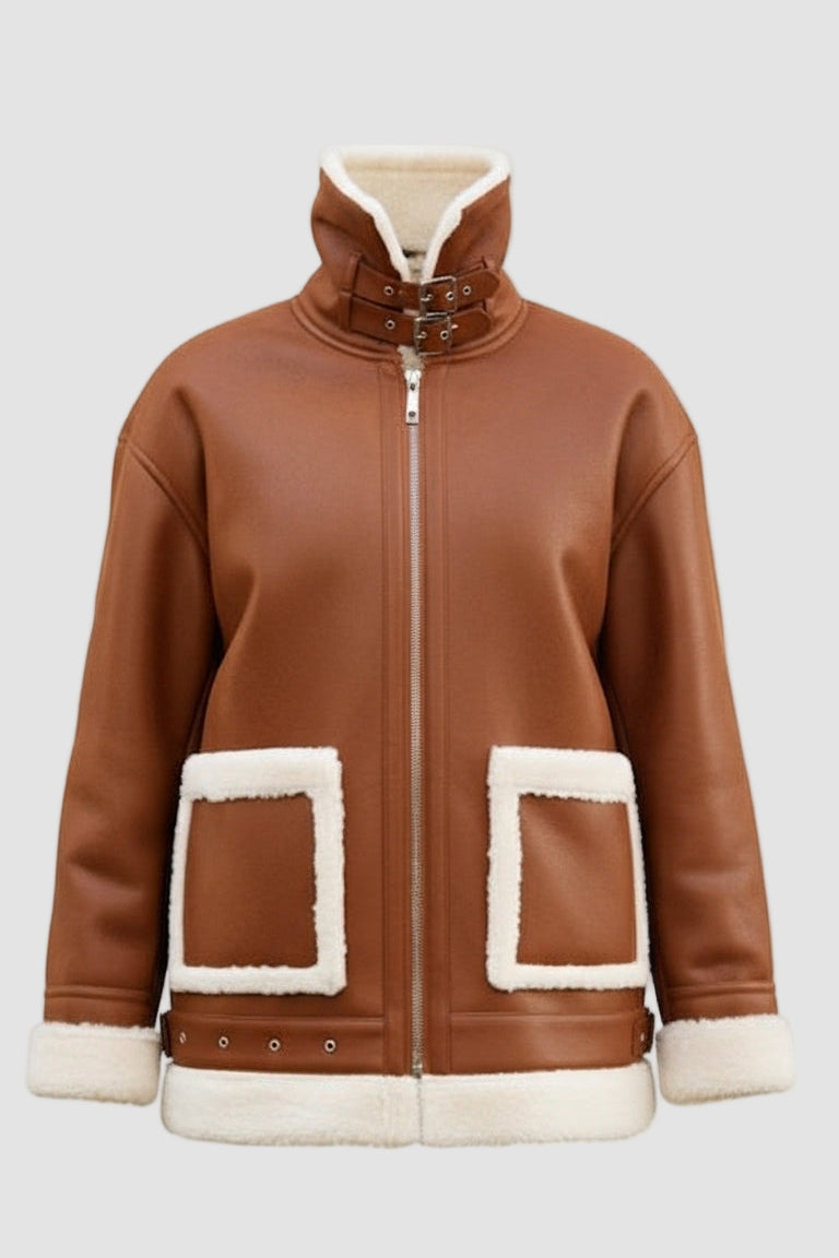 Brown leather jacket with white shearling trim on a white background