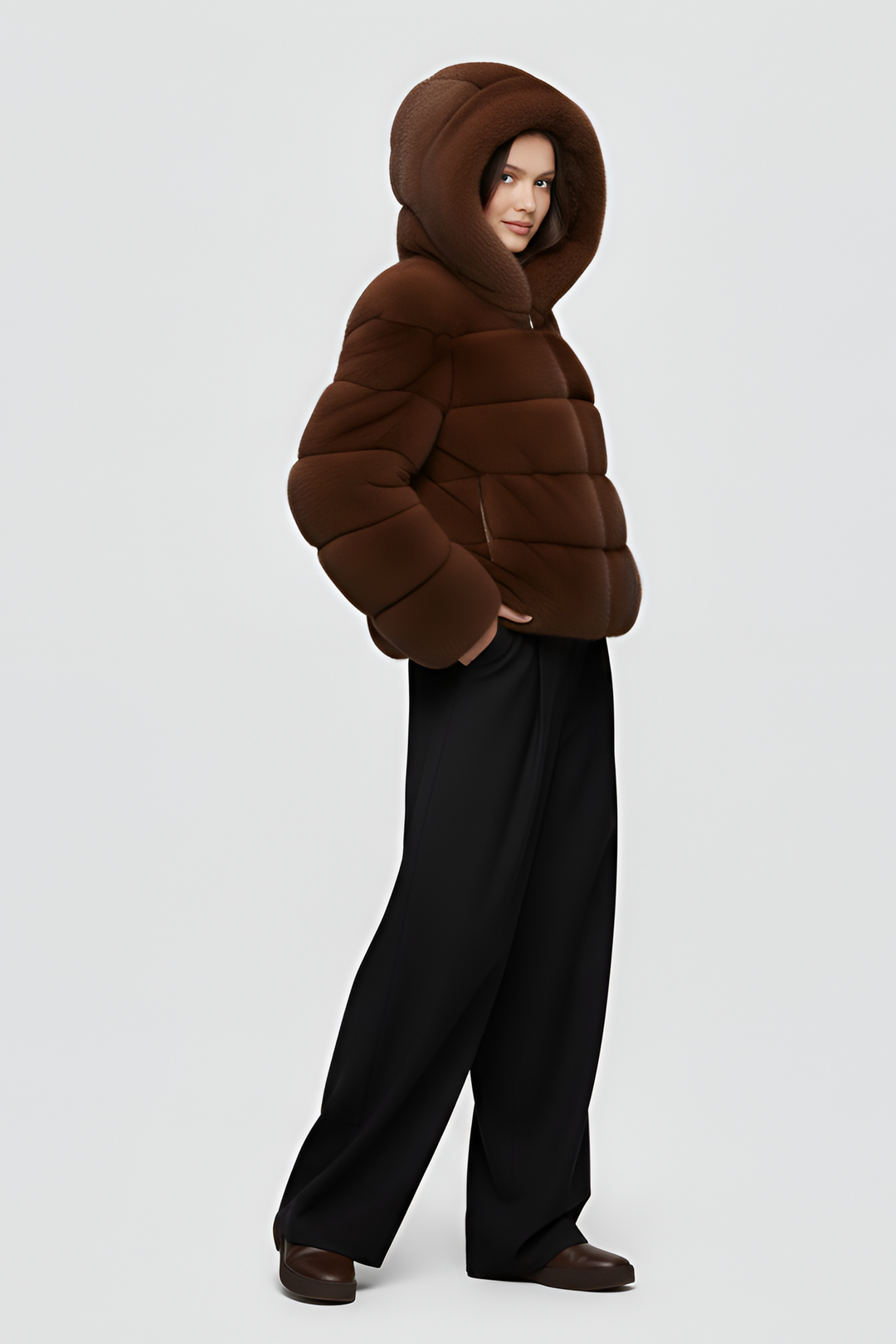 FERALYN faux fur jacket photographed outdoors in natural winter light.