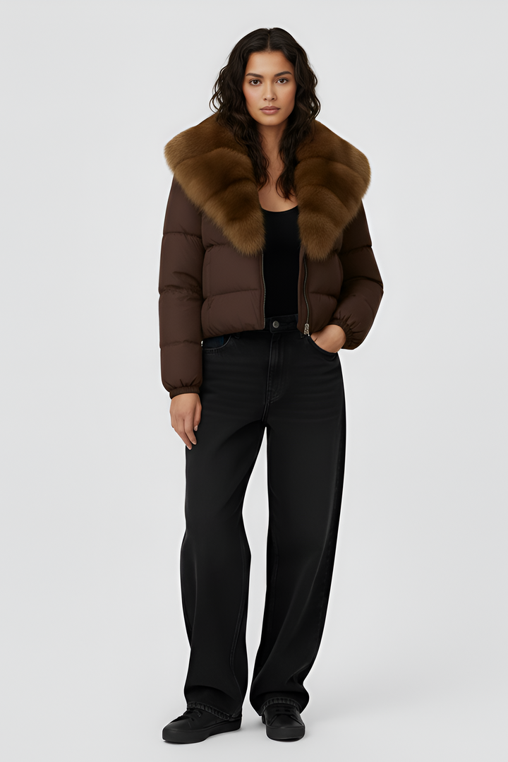 Brown puffer jacket with fur collar on a light gray background
