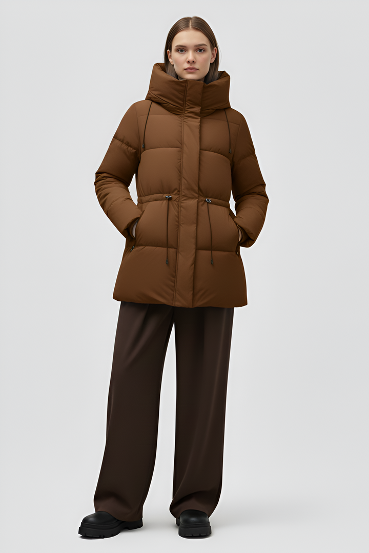 Brown puffer coat on a white background