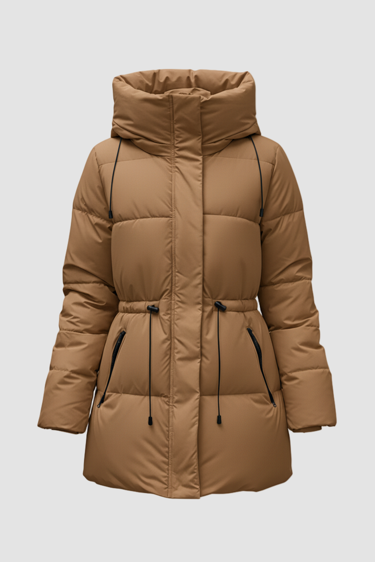 Brown puffer coat on a white background