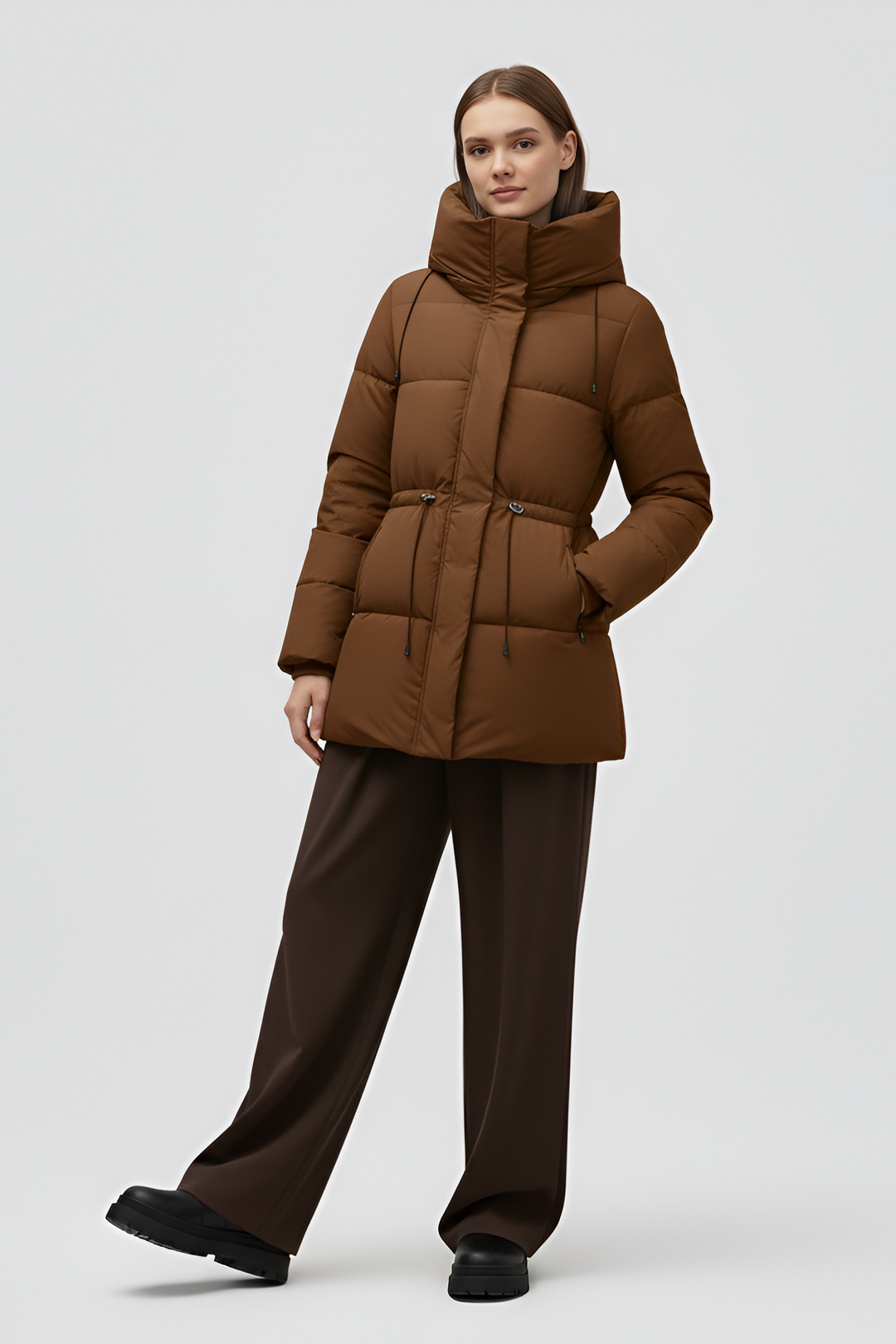 Brown puffer coat on a white background