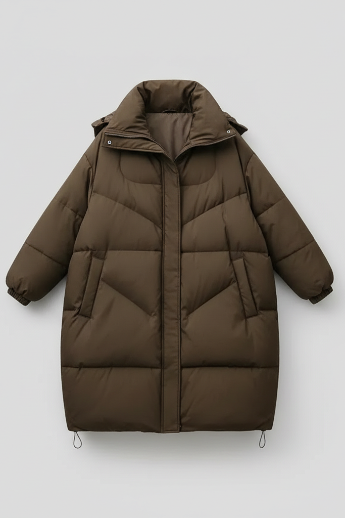 Brown puffer jacket on a light gray background