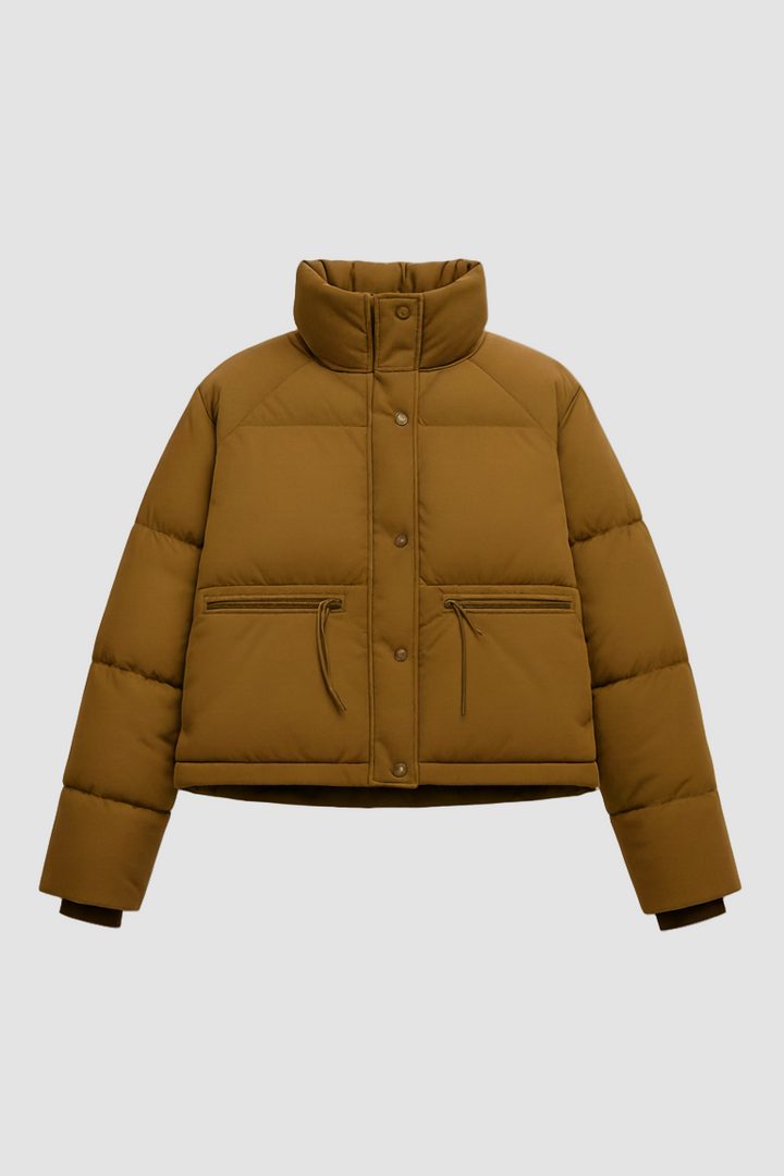 Brown puffer jacket on a light gray background